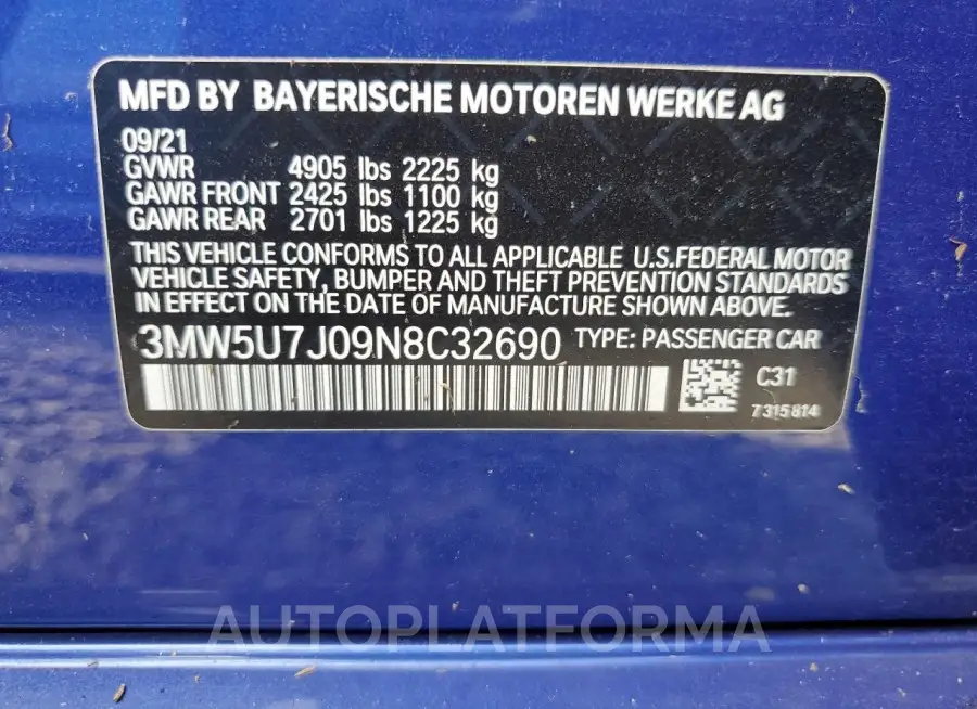 BMW M340I 2022 vin 3MW5U7J09N8C32690 from auto auction Copart