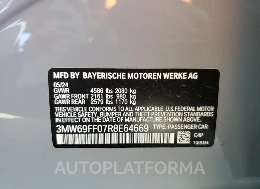 BMW 330I 2024 vin 3MW69FF07R8E64669 from auto auction Copart