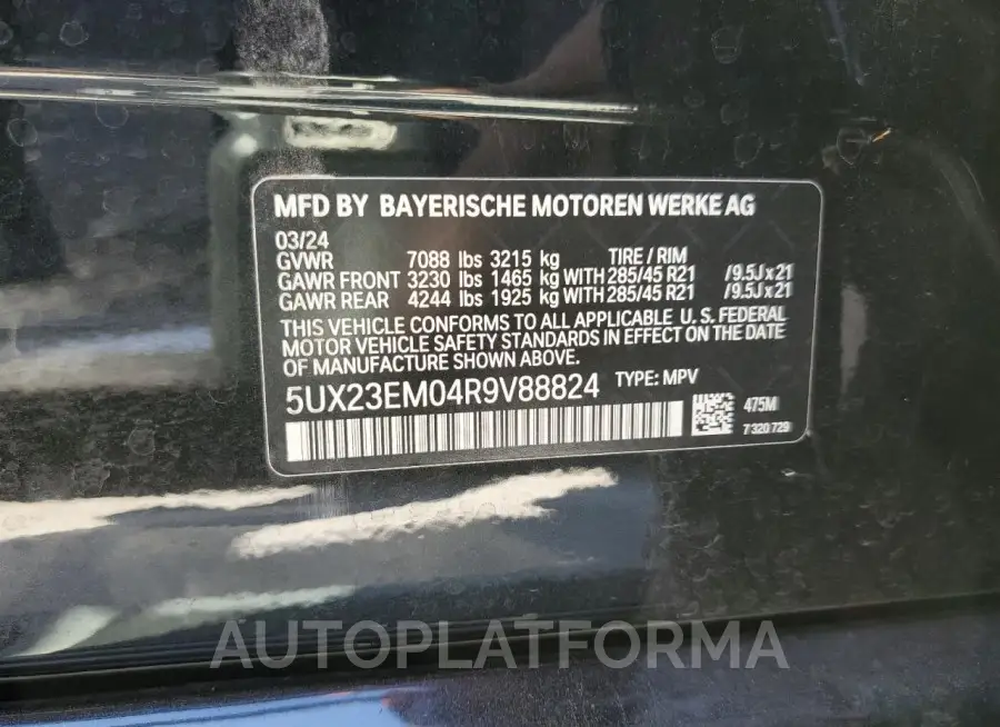 BMW X7 XDRIVE4 2024 vin 5UX23EM04R9V88824 from auto auction Copart