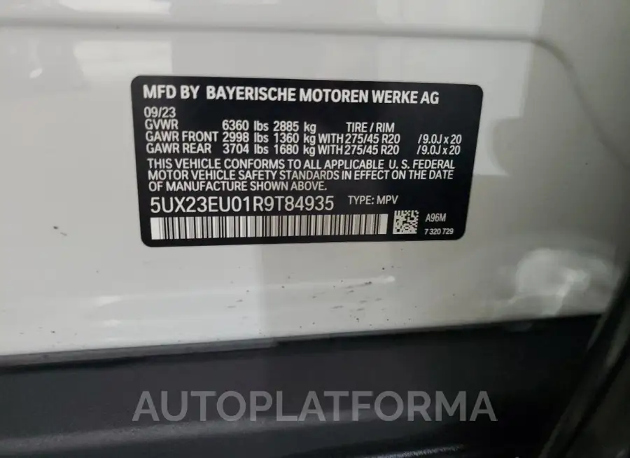 BMW X5 XDRIVE4 2024 vin 5UX23EU01R9T84935 from auto auction Copart