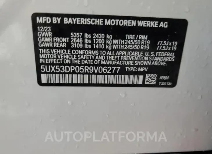 BMW X3 XDRIVE3 2024 vin 5UX53DP05R9V06277 from auto auction Copart