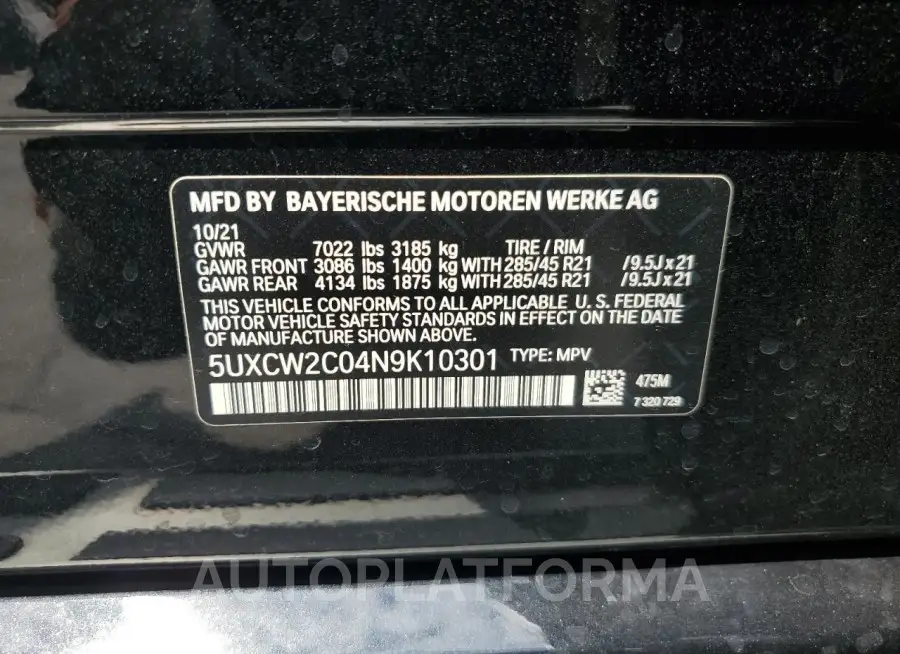 BMW X7 XDRIVE4 2022 vin 5UXCW2C04N9K10301 from auto auction Copart