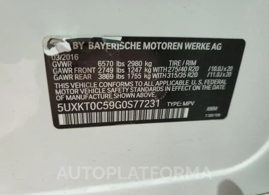 BMW X5 XDR40E 2016 vin 5UXKT0C59G0S77231 from auto auction Copart