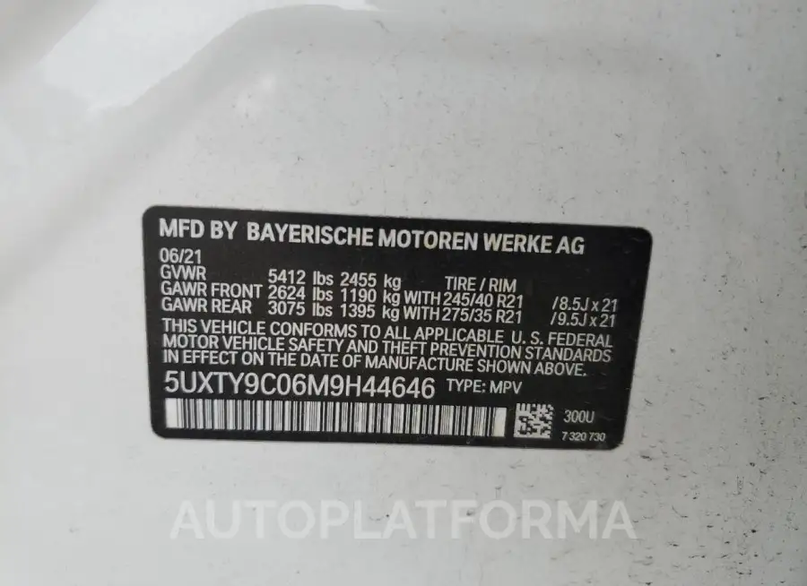 BMW X3 XDRIVEM 2021 vin 5UXTY9C06M9H44646 from auto auction Copart