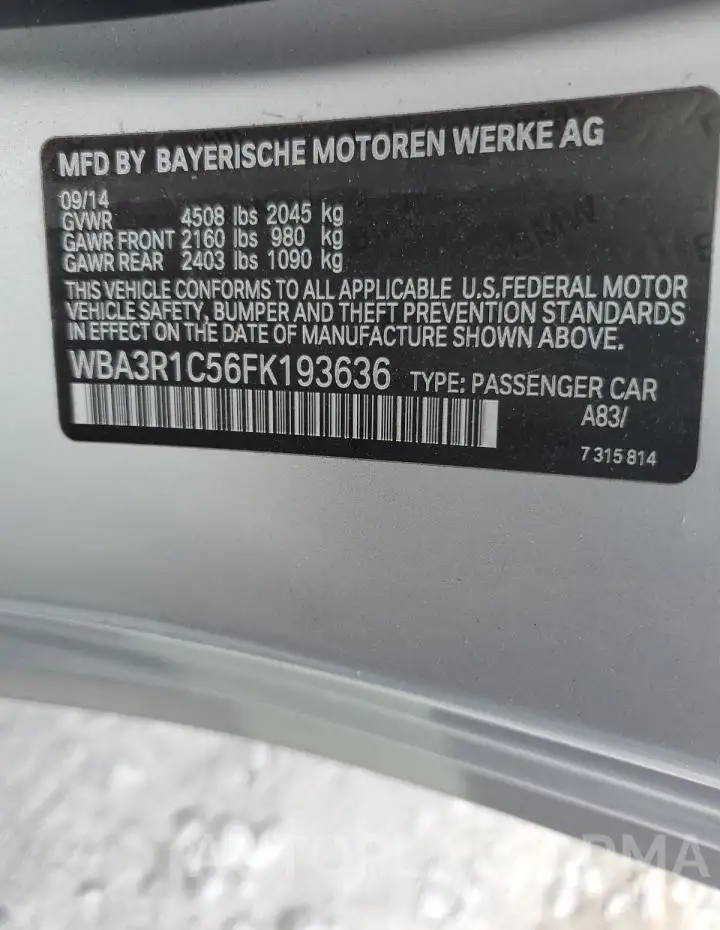 BMW 435 I 2015 vin WBA3R1C56FK193636 from auto auction Copart