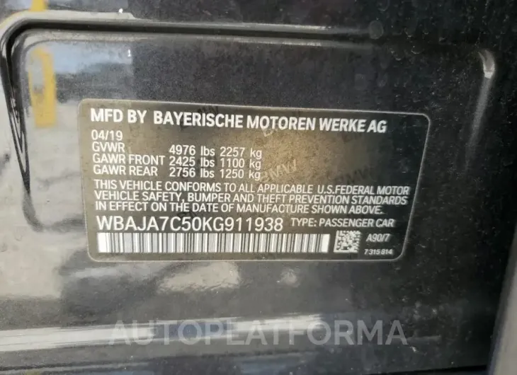 BMW 530 XI 2019 vin WBAJA7C50KG911938 from auto auction Copart