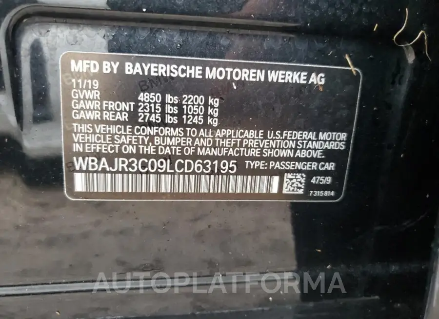 BMW 530 I 2020 vin WBAJR3C09LCD63195 from auto auction Copart