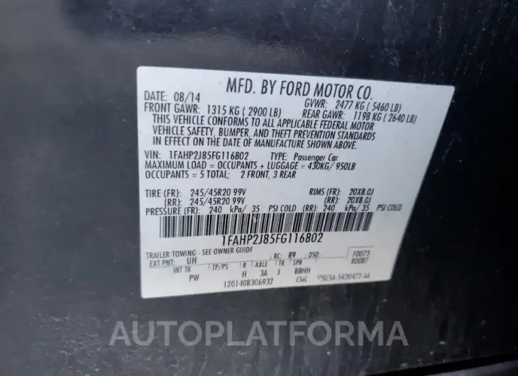 FORD TAURUS LIM 2015 vin 1FAHP2J85FG116802 from auto auction Copart