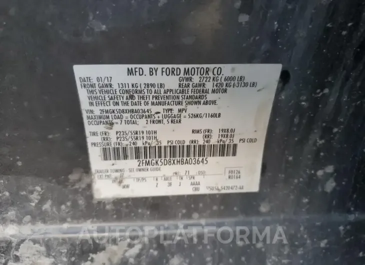 FORD FLEX LIMIT 2017 vin 2FMGK5D8XHBA03645 from auto auction Copart