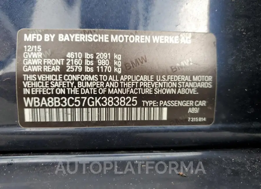 BMW 340 I 2016 vin WBA8B3C57GK383825 from auto auction Copart