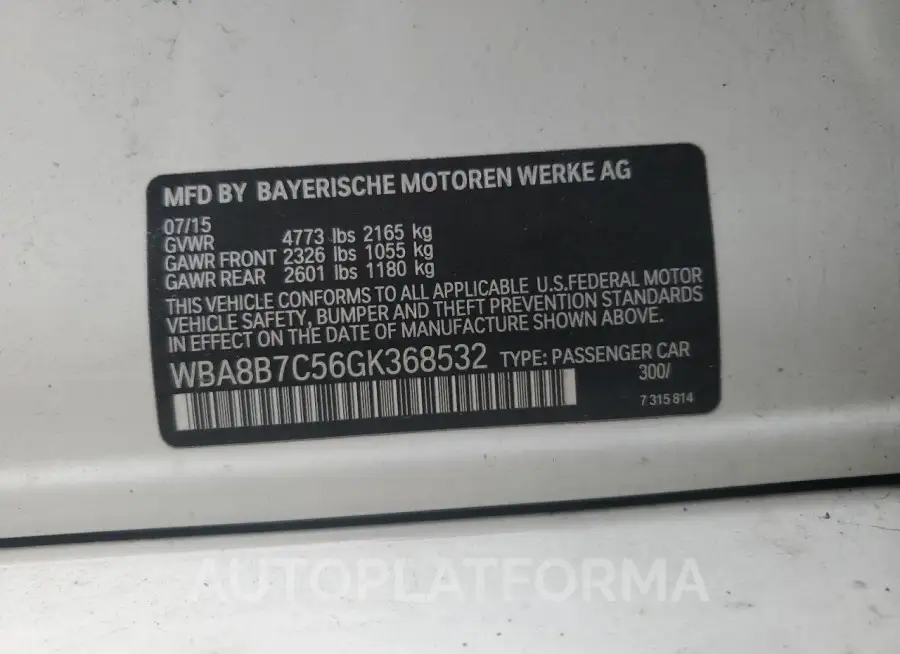 BMW 340 XI 2016 vin WBA8B7C56GK368532 from auto auction Copart