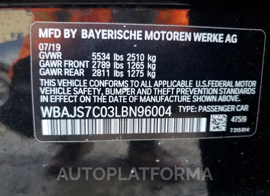 BMW M550XI 2020 vin WBAJS7C03LBN96004 from auto auction Copart