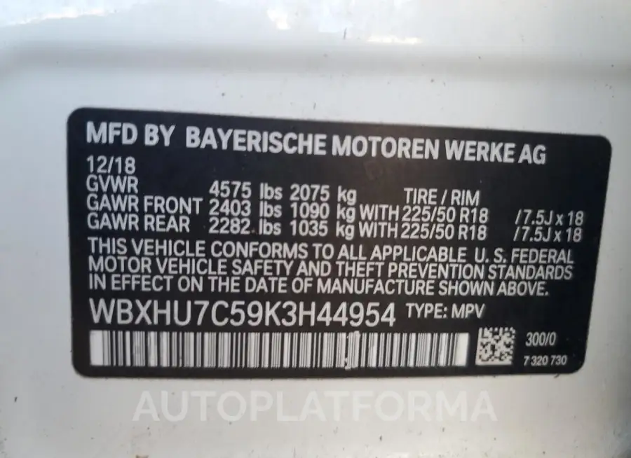 BMW X1 SDRIVE2 2019 vin WBXHU7C59K3H44954 from auto auction Copart