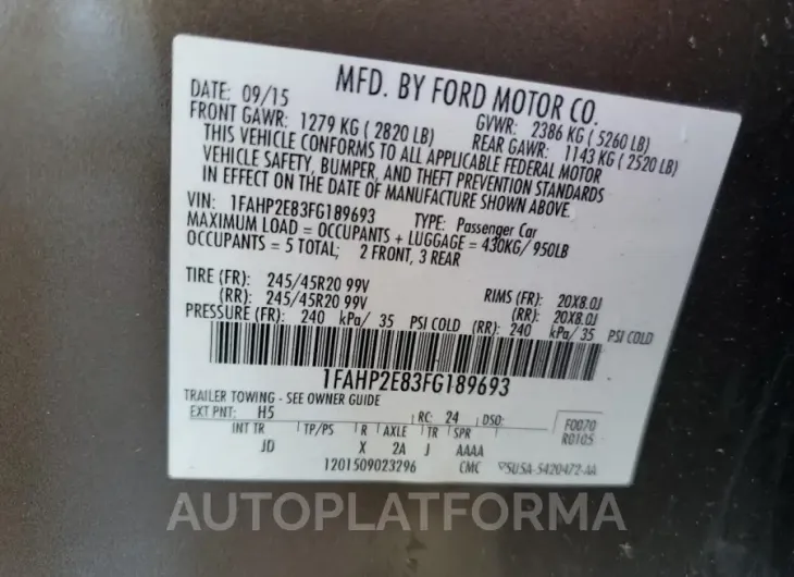 FORD TAURUS SEL 2015 vin 1FAHP2E83FG189693 from auto auction Copart