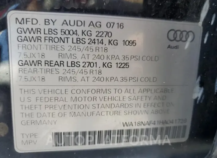 AUDI A4 ALLROAD 2017 vin WA18NAF41HA041726 from auto auction Copart