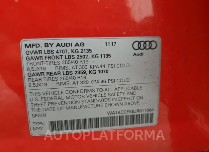 AUDI Q3 PREMIUM 2018 vin WA1BCCFS6JR017564 from auto auction Copart