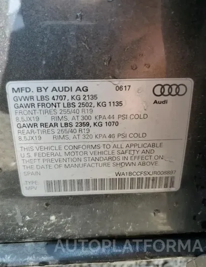 AUDI Q3 PREMIUM 2018 vin WA1BCCFSXJR008897 from auto auction Copart