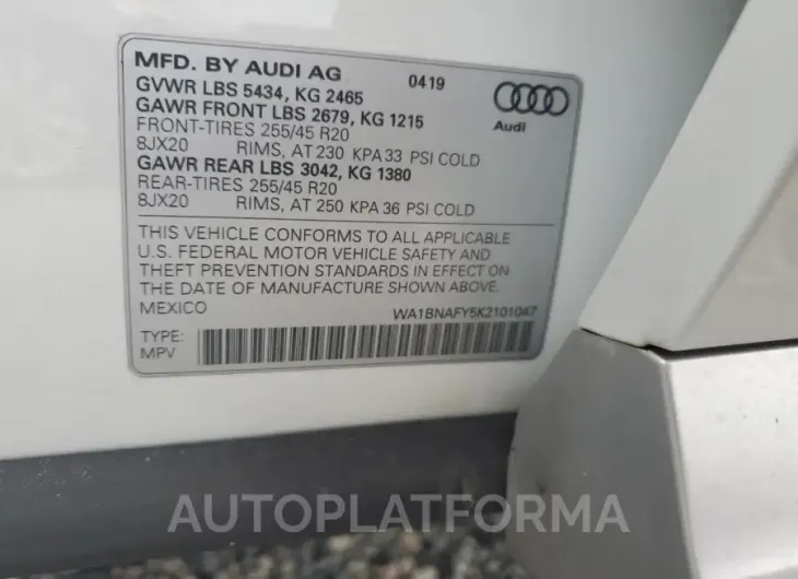 AUDI Q5 PREMIUM 2019 vin WA1BNAFY5K2101047 from auto auction Copart