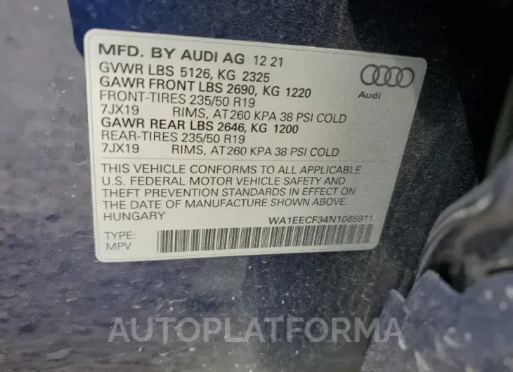 AUDI Q3 PREMIUM 2022 vin WA1EECF34N1065911 from auto auction Copart