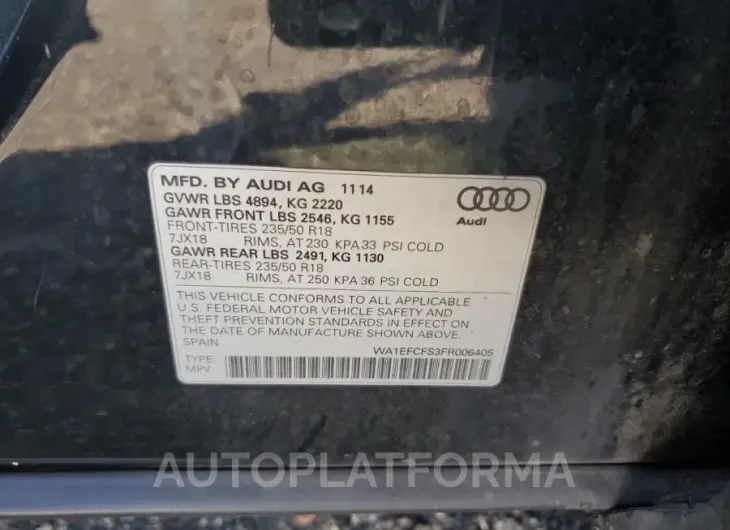 AUDI Q3 PREMIUM 2015 vin WA1EFCFS3FR006405 from auto auction Copart