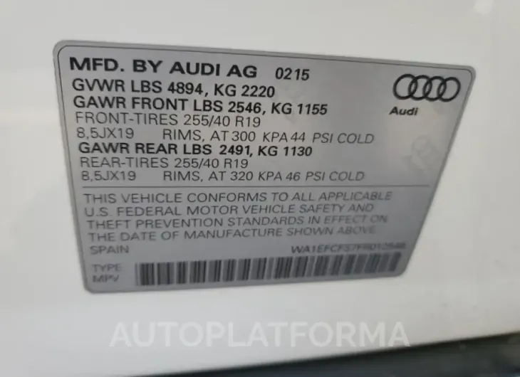 AUDI Q3 PREMIUM 2015 vin WA1EFCFS7FR012546 from auto auction Copart