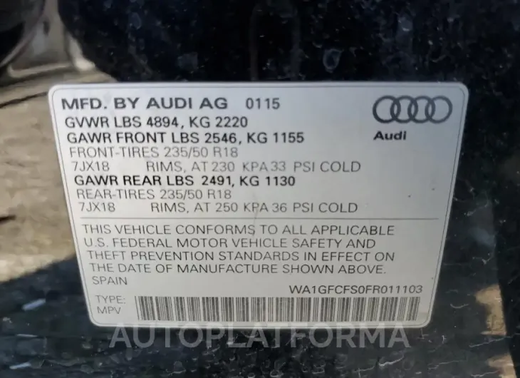 AUDI Q3 PRESTIG 2015 vin WA1GFCFS0FR011103 from auto auction Copart