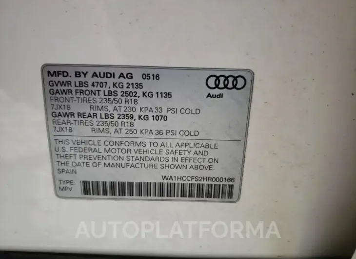 AUDI Q3 PREMIUM 2017 vin WA1HCCFS2HR000166 from auto auction Copart