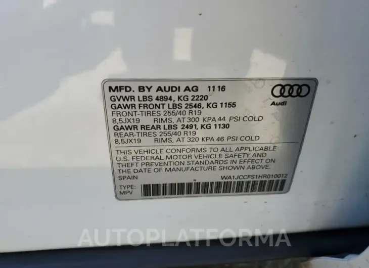 AUDI Q3 PREMIUM 2017 vin WA1JCCFS1HR010012 from auto auction Copart