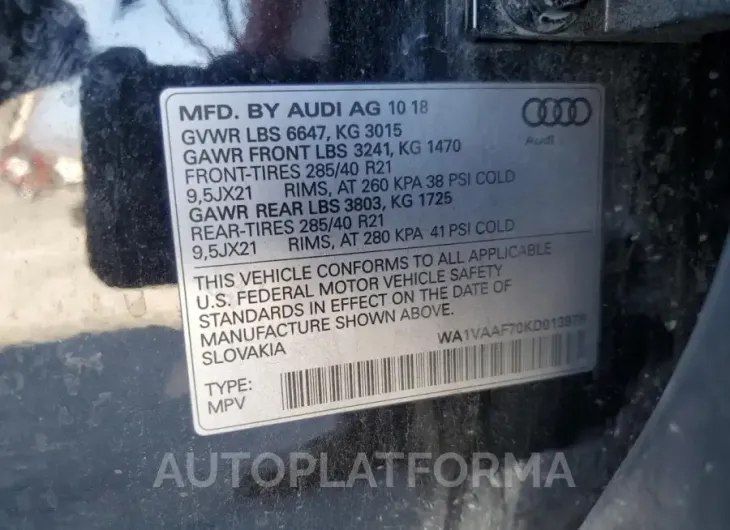 AUDI Q7 PRESTIG 2019 vin WA1VAAF70KD013978 from auto auction Copart