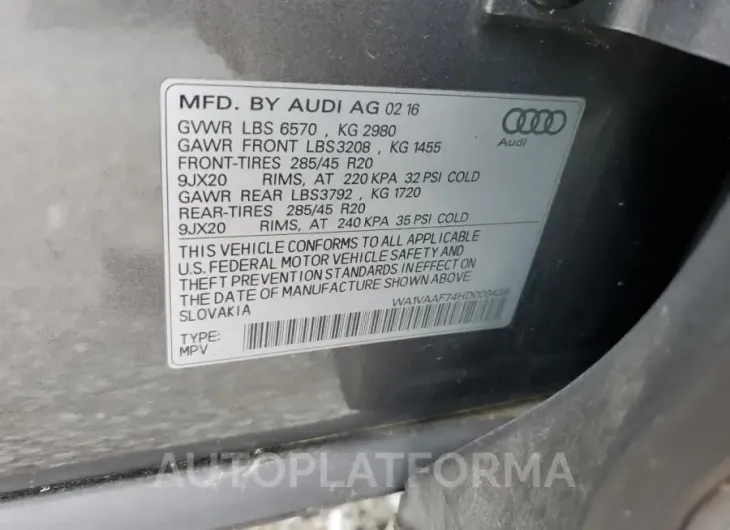 AUDI Q7 PRESTIG 2017 vin WA1VAAF74HD009439 from auto auction Copart