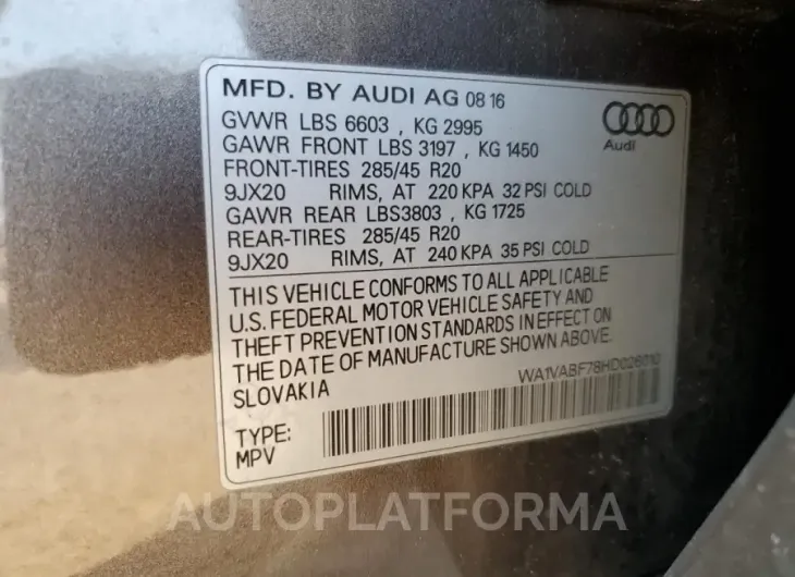 AUDI Q7 PRESTIG 2017 vin WA1VABF78HD026010 from auto auction Copart