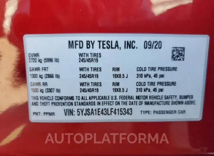 TESLA MODEL S 2020 vin 5YJSA1E43LF415343 from auto auction Copart