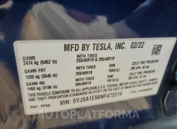 TESLA MODEL S 2022 vin 5YJSA1E58NF472214 from auto auction Copart