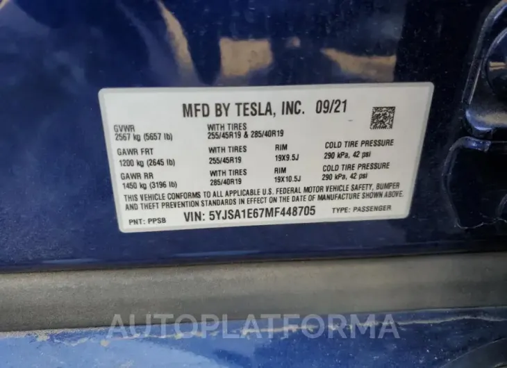 TESLA MODEL S 2021 vin 5YJSA1E67MF448705 from auto auction Copart