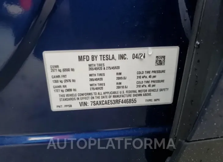 TESLA MODEL X 2024 vin 7SAXCAE53RF446855 from auto auction Copart