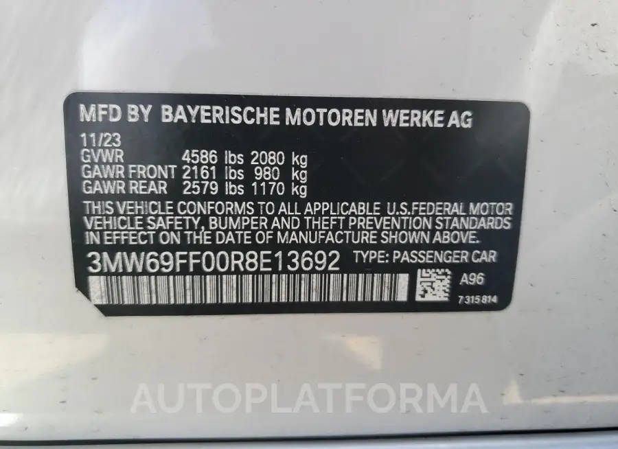 BMW 330I 2024 vin 3MW69FF00R8E13692 from auto auction Copart