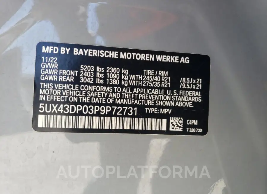 BMW X3 SDRIVE3 2023 vin 5UX43DP03P9P72731 from auto auction Copart