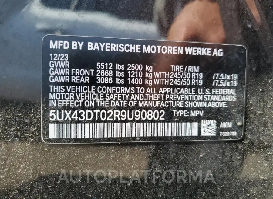 BMW X4 M40I 2024 vin 5UX43DT02R9U90802 from auto auction Copart