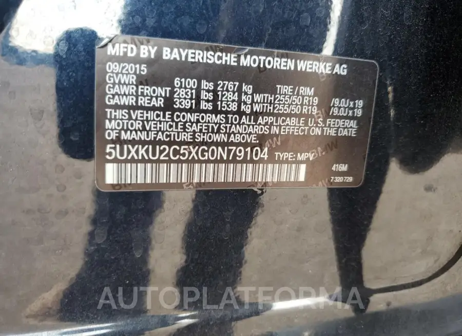 BMW X6 XDRIVE3 2016 vin 5UXKU2C5XG0N79104 from auto auction Copart