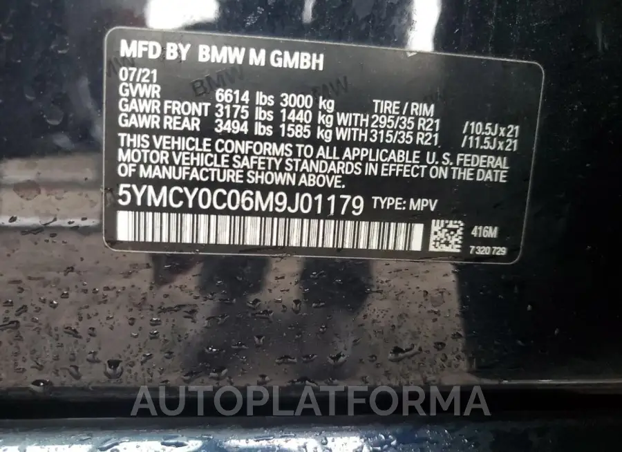 BMW X6 M 2021 vin 5YMCY0C06M9J01179 from auto auction Copart