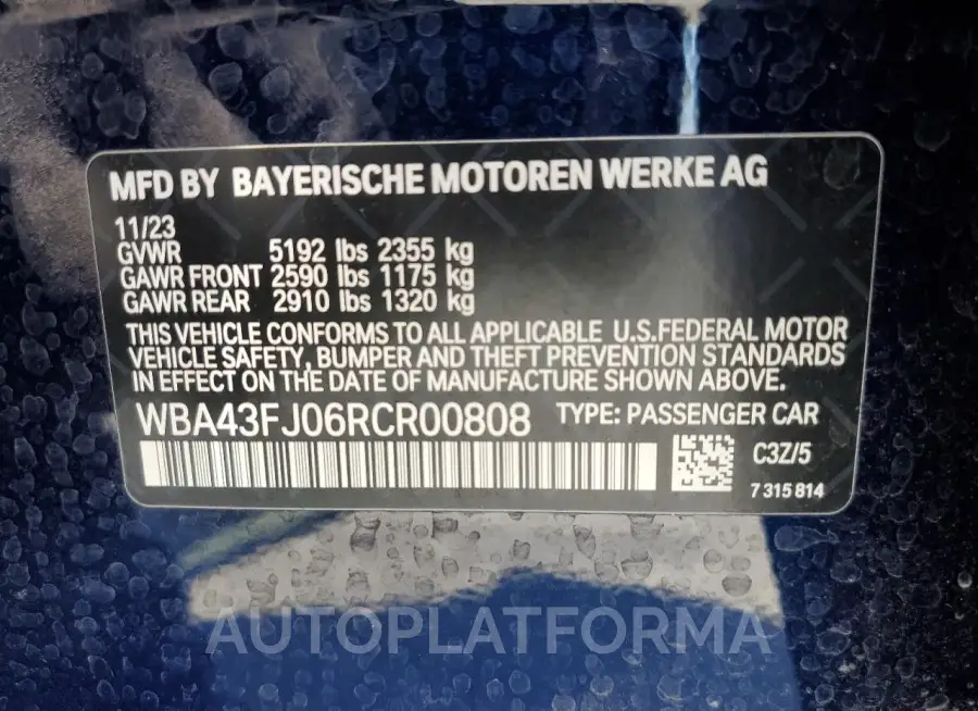 BMW 530 I 2024 vin WBA43FJ06RCR00808 from auto auction Copart