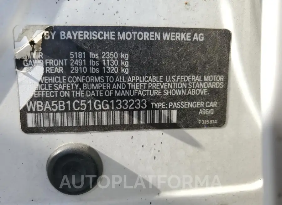 BMW 535 I 2016 vin WBA5B1C51GG133233 from auto auction Copart