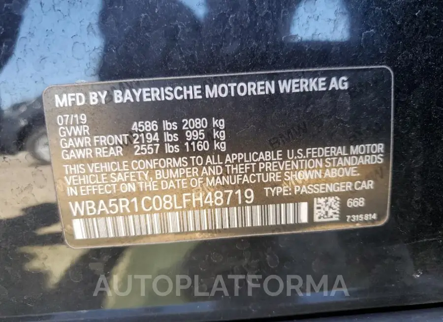 BMW 330I 2020 vin WBA5R1C08LFH48719 from auto auction Copart