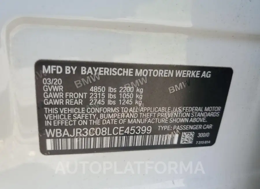 BMW 530 I 2020 vin WBAJR3C08LCE45399 from auto auction Copart