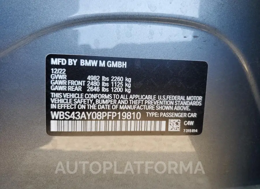 BMW M3 COMPETI 2023 vin WBS43AY08PFP19810 from auto auction Copart