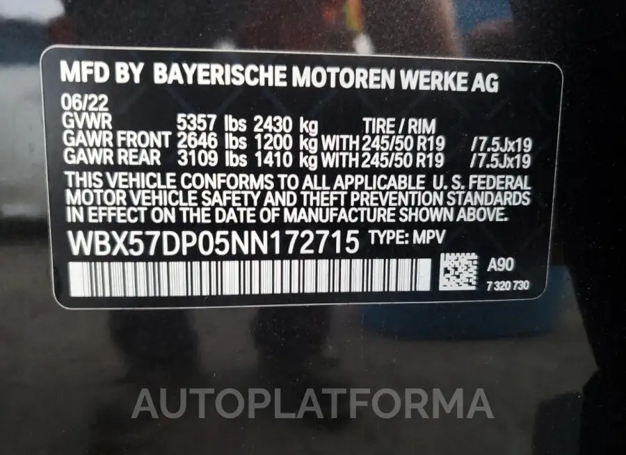 BMW X3 XDRIVE3 2022 vin WBX57DP05NN172715 from auto auction Copart