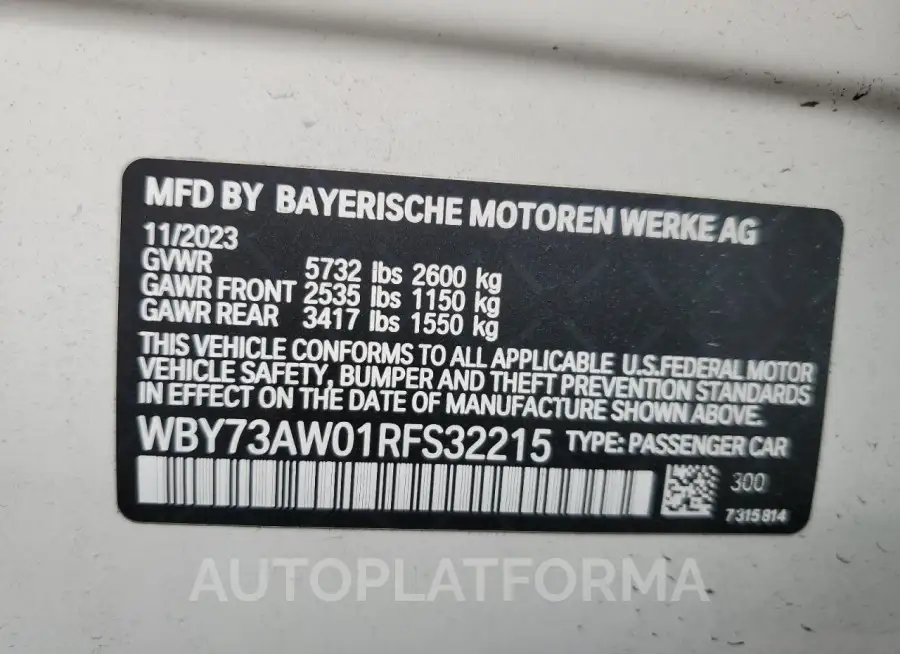 BMW I4 EDRIVE 2024 vin WBY73AW01RFS32215 from auto auction Copart