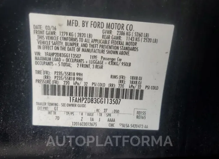 FORD TAURUS SE 2016 vin 1FAHP2D83GG113507 from auto auction Copart