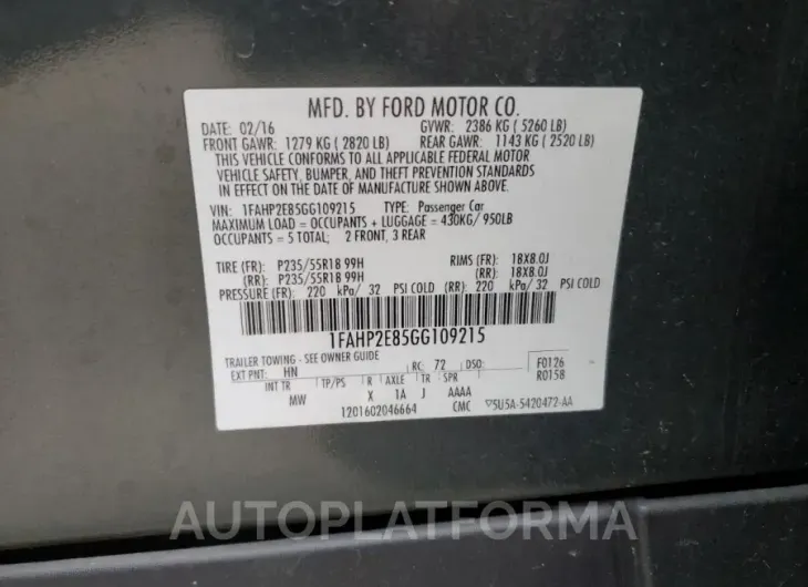 FORD TAURUS SEL 2016 vin 1FAHP2E85GG109215 from auto auction Copart