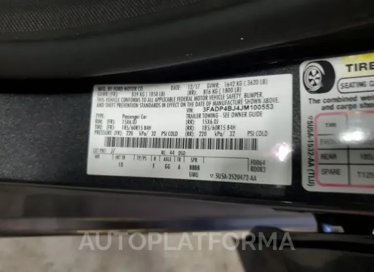 FORD FIESTA SE 2018 vin 3FADP4BJ4JM100553 from auto auction Copart